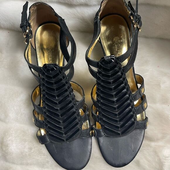 Arturo Chiang Leather black ankle straps wedge sandals SZ10M - Picture 10 of 12